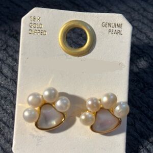 18K Gold Dipped and Genuine Pearl Paw Earrings - Brand New